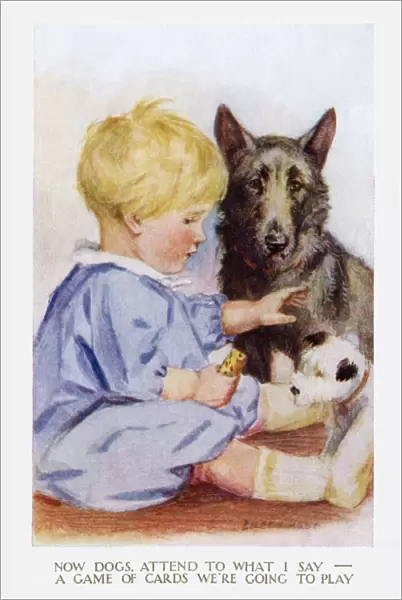 Young boy with pet dogs