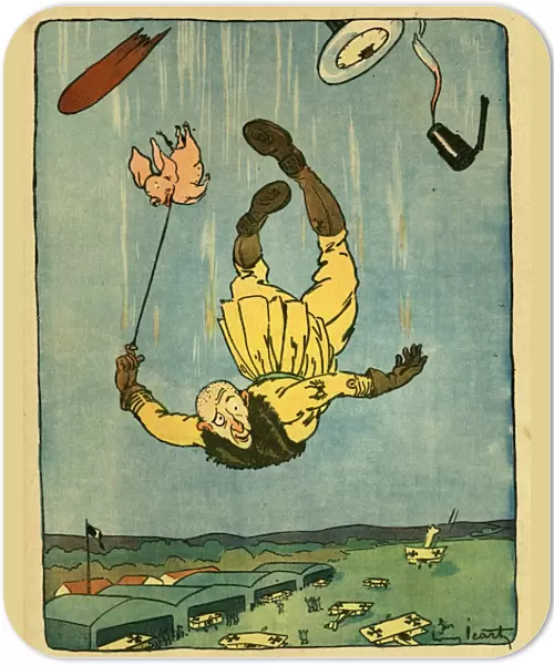 Cartoon, Pilot falling from plane, WW1