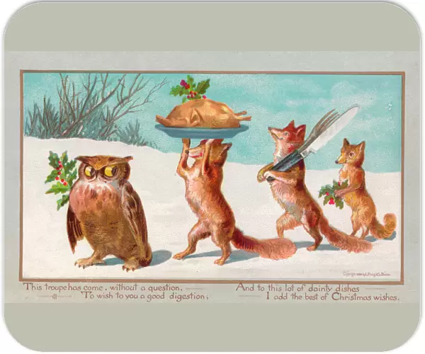 Owl and foxes carrying food on a Christmas card