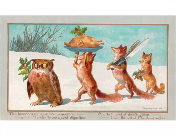 Owl and foxes carrying food on a Christmas card