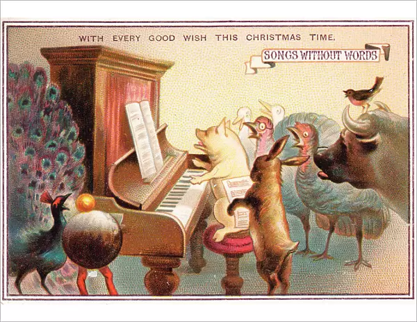 Animals and birds singing round a piano on a Christmas card