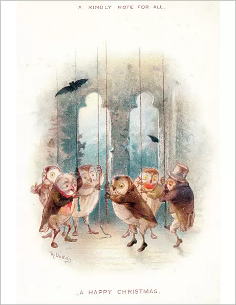 Six owl bellringers on a Christmas card
