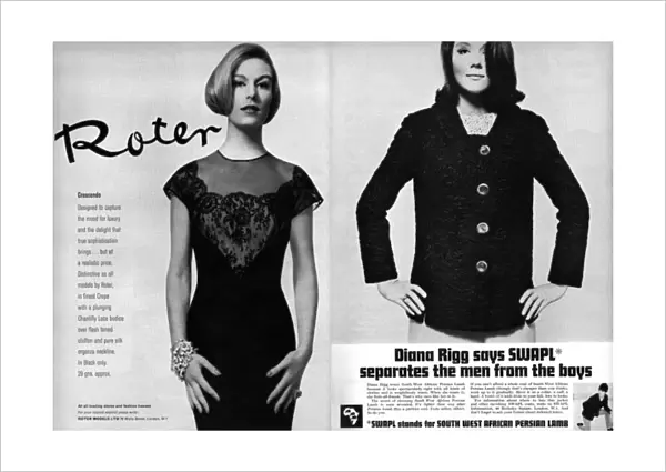 Diana Rigg wearing SWAPL jacket, Roter advertisement