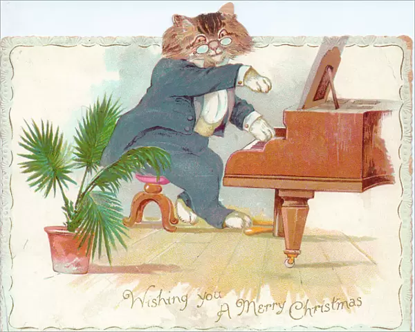 Cat playing the piano on a Christmas card
