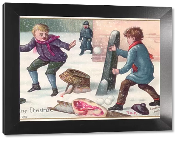 Two boys snowballing on a Christmas card