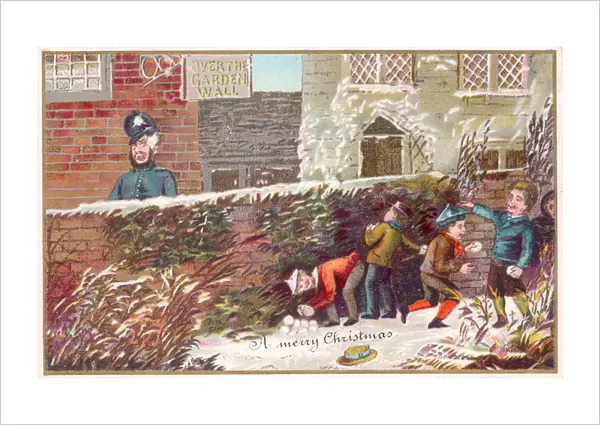 Boys snowballing on a Christmas card
