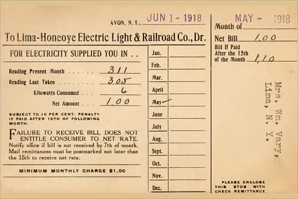 Electricity bill for resident of Lima, New York State, USA