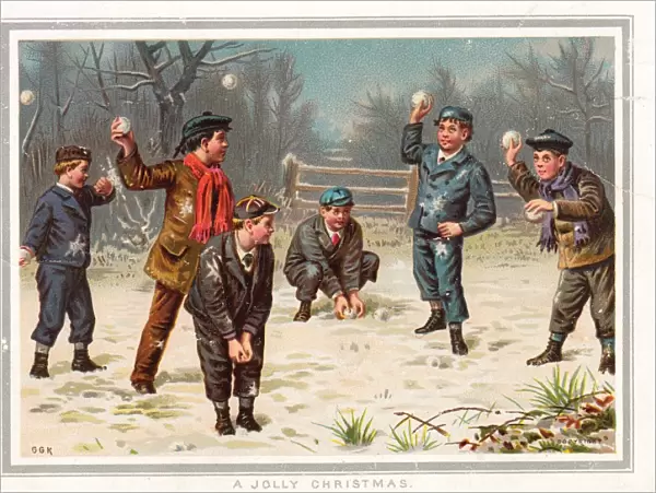Six boys snowballing on a Christmas card