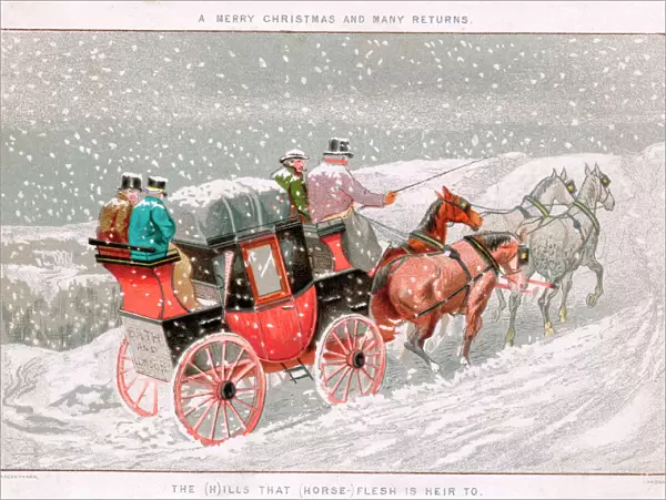 Coach and horses in the snow on a Christmas card
