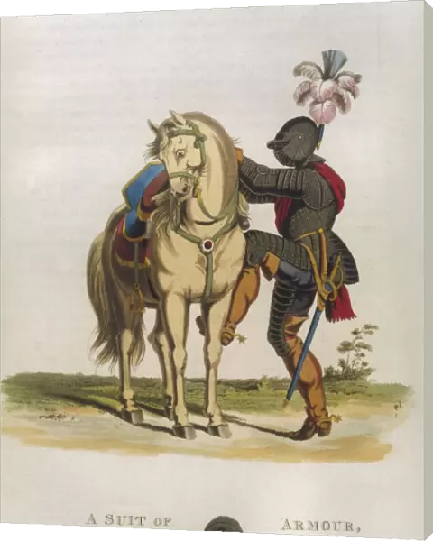 A knight in armour mounts his horse
