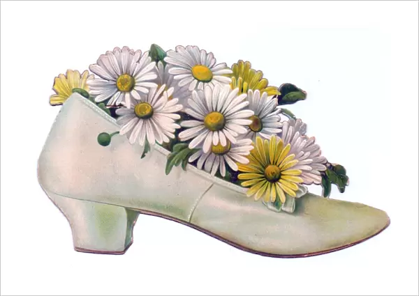 White and yellow daisies in a shoe-shaped greetings card