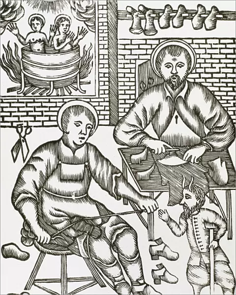 Two Saints make shoes being tempted by the devil. Engraving