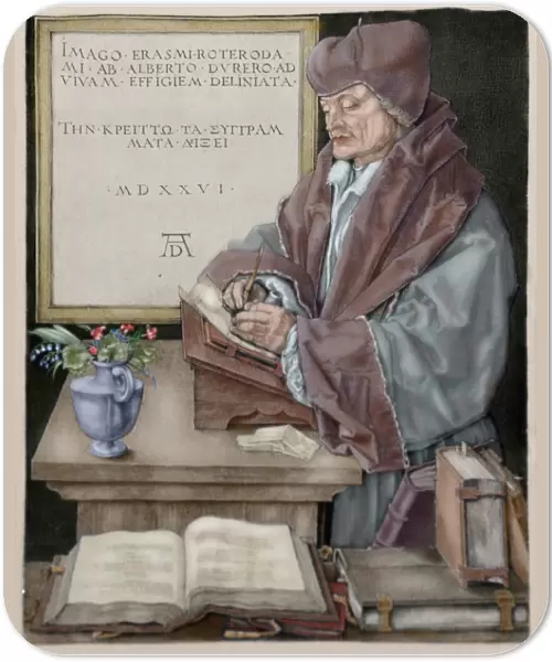 Erasmus of Rotterdam (1466-1536). Engraving by Durer. Colore