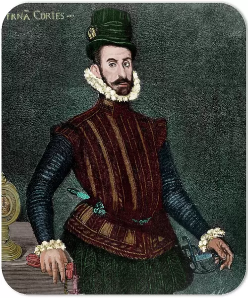Hernan Cortes (1488-1547). Engraving. Colored