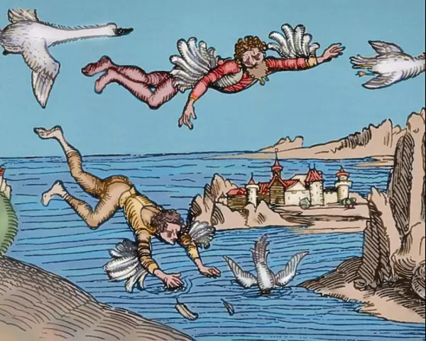 Icarus and Daedalus flying. Engraving. Colored