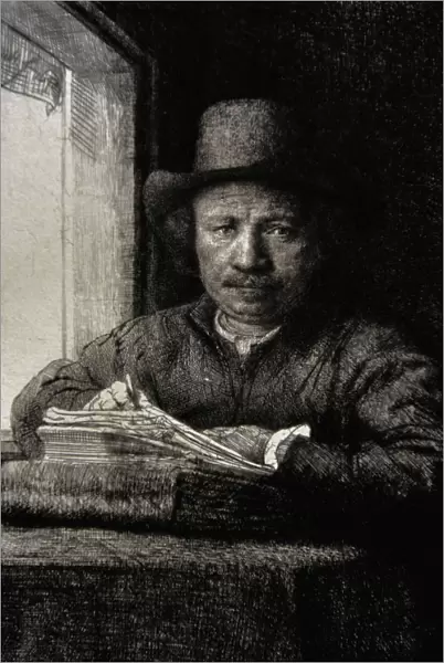 Self-portrait etching at a window, 1648, by Rembrandt (1606