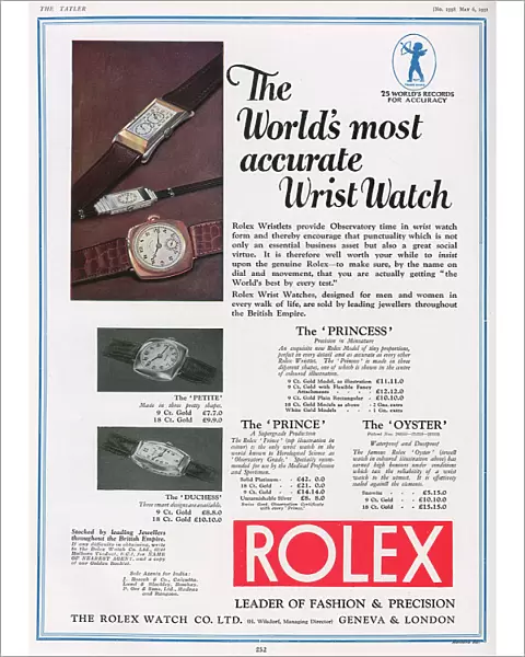 Rolex wrist watch advertisement, 1931