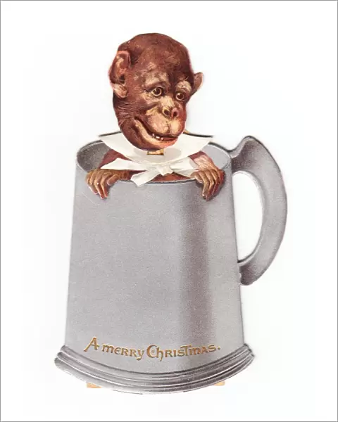 Monkey in a tankard on a movable Christmas card