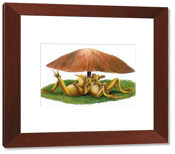Three frogs under a toadstool on a Victorian scrap