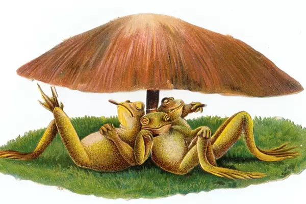 Three frogs under a toadstool on a Victorian scrap