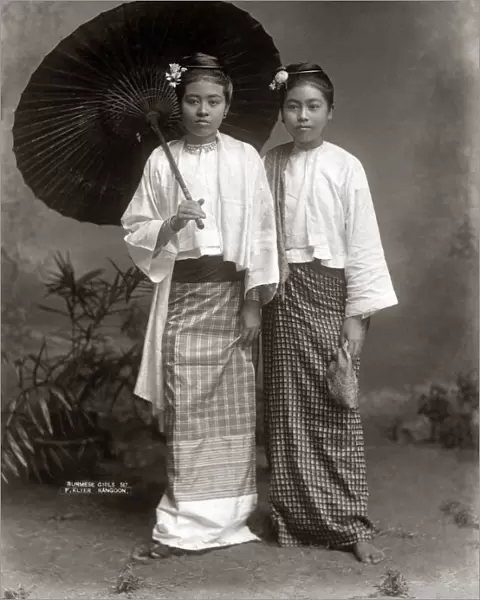 Burmese girls with parasol, Burma (Myanmar) circa 1890