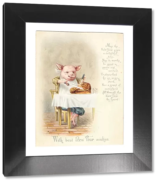 Pig enjoying a hearty meal on a New Year card