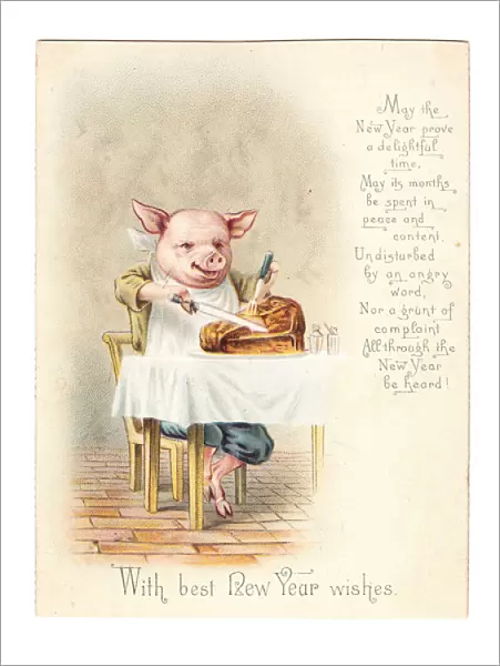 Pig enjoying a hearty meal on a New Year card