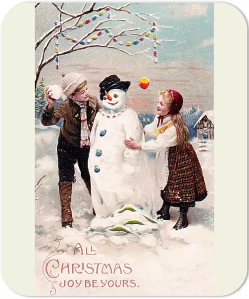 Girl and boy with snowman on a Christmas postcard