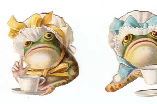 Tea-drinking frogs on three Victorian scraps