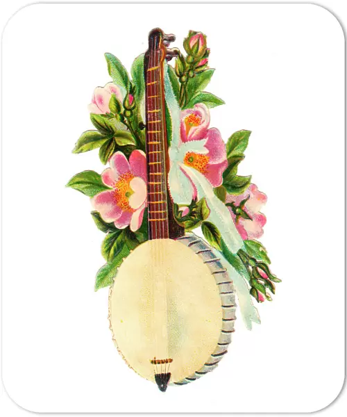 Banjo with pink flowers on a Victorian scrap