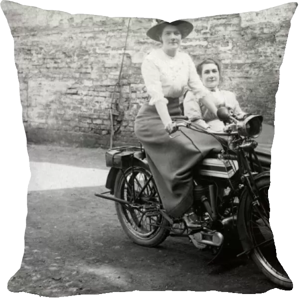 Two ladies on a 1914 Triumph motorcycle