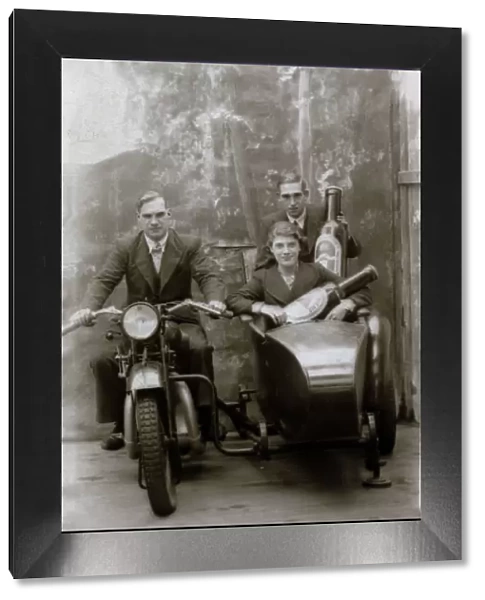 Two men and a lady on 1929 Coventry Eagle motorcycle & sidec