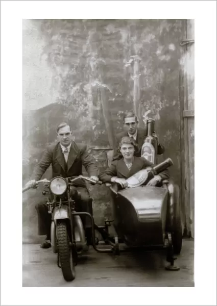 Two men and a lady on 1929 Coventry Eagle motorcycle & sidec