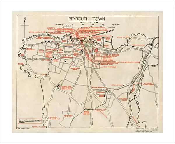 WW2 - Map of Beirut, Lebanon - with Military locations