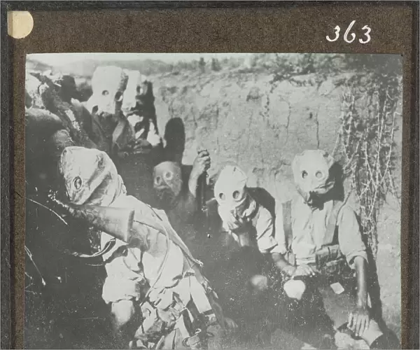 British troops wearing gas masks in the trenches, Salonika