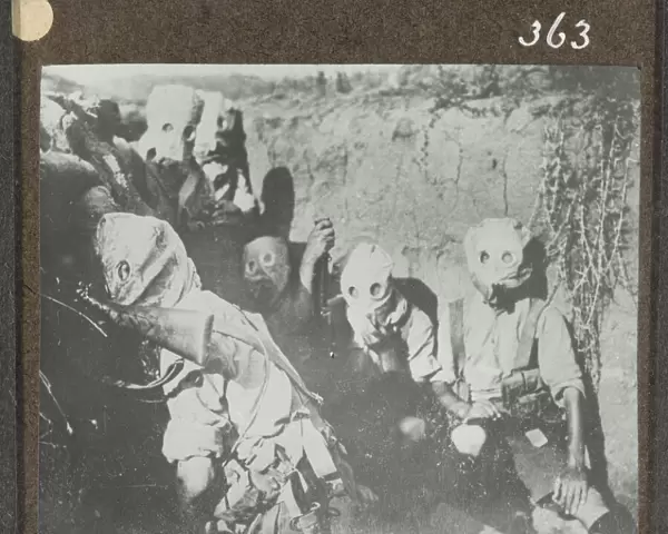British troops wearing gas masks in the trenches, Salonika