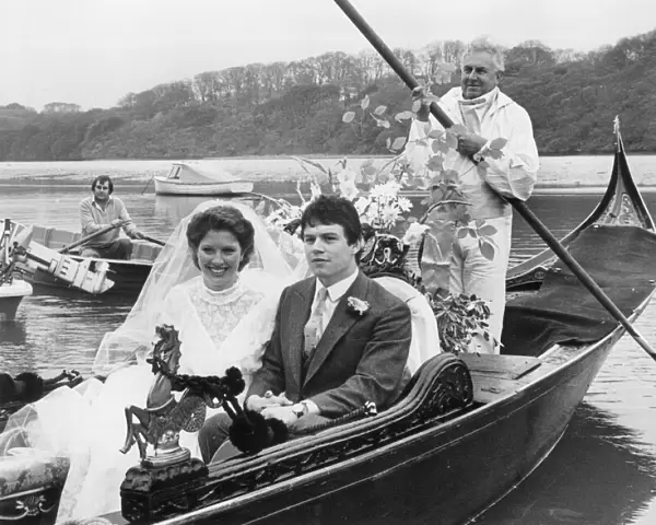 Bride and groom in a gondola, Malpas, Cornwall