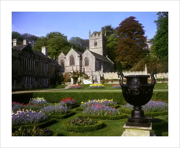 Church, urn and garden, Lanhydrock House, Cornwall