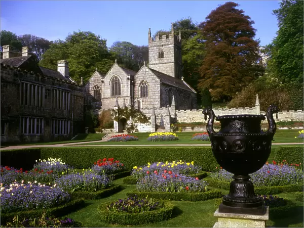 Church, urn and garden, Lanhydrock House, Cornwall