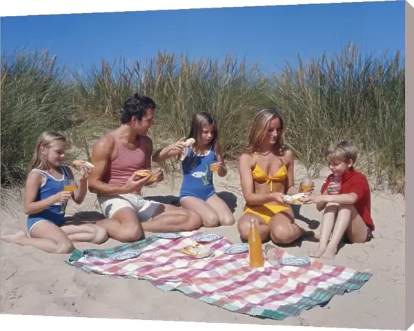 Family of five with picnic on beach
