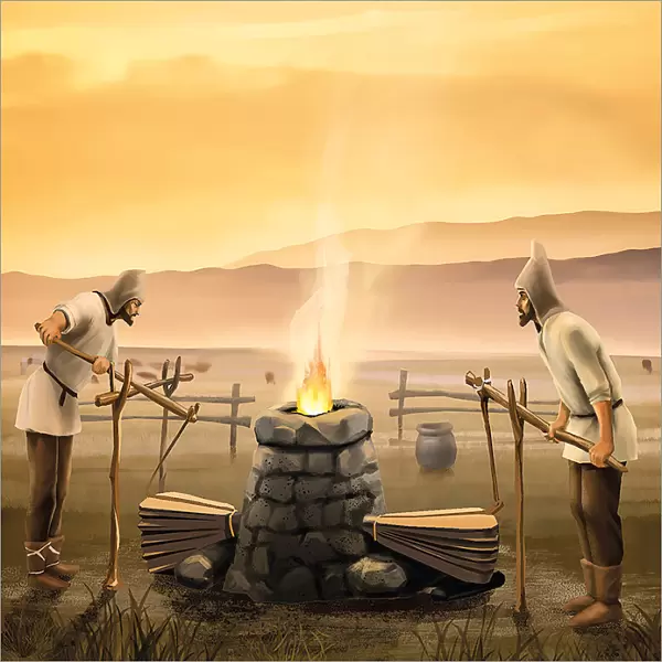 Iron smelting in a furnace, Bronze Age, Kazakhstan area
