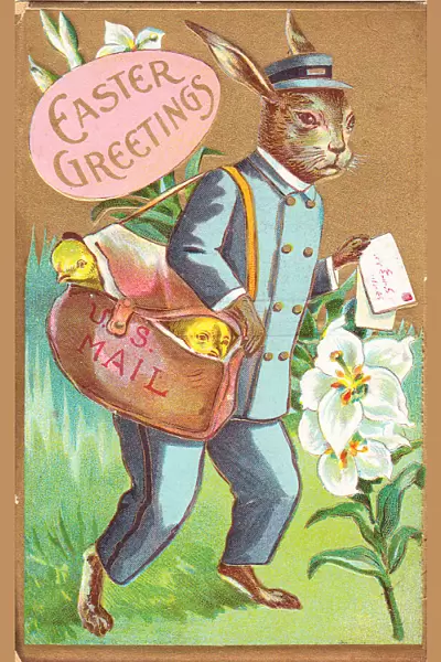 Rabbit postman delivering chicks on an Easter postcard