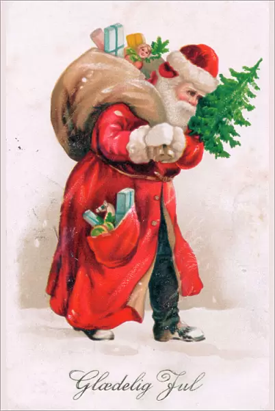 Santa Claus with presents on a Danish Christmas postcard