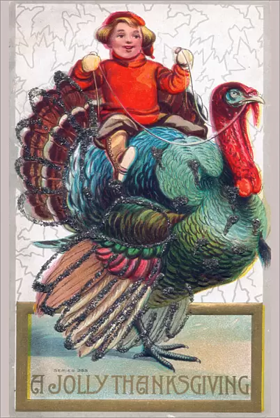 Boy riding a turkey on a Thanksgiving postcard