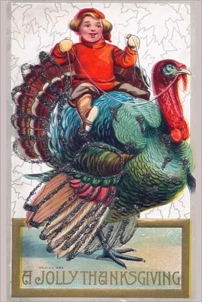 Boy riding a turkey on a Thanksgiving postcard