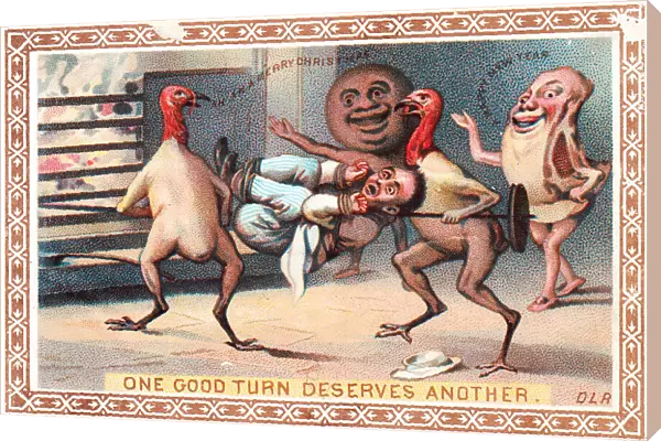 Man trussed up on a Christmas and New Year card