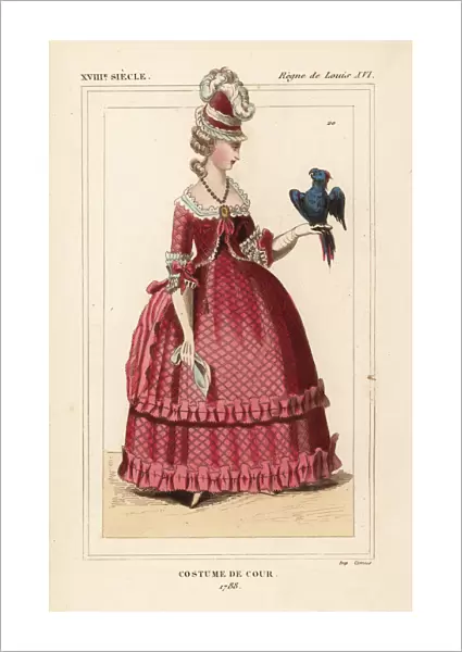 French woman in court costume with parrot