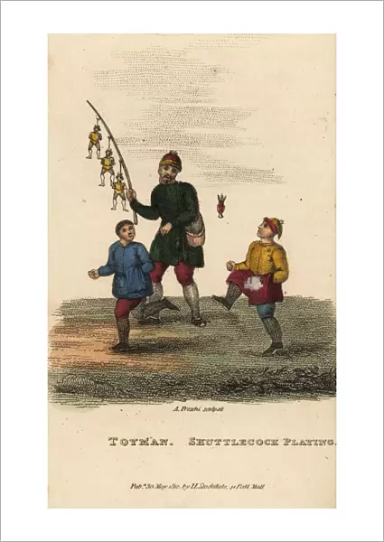 Chinese toy seller and boys playing Jianzi, Qing Dynasty