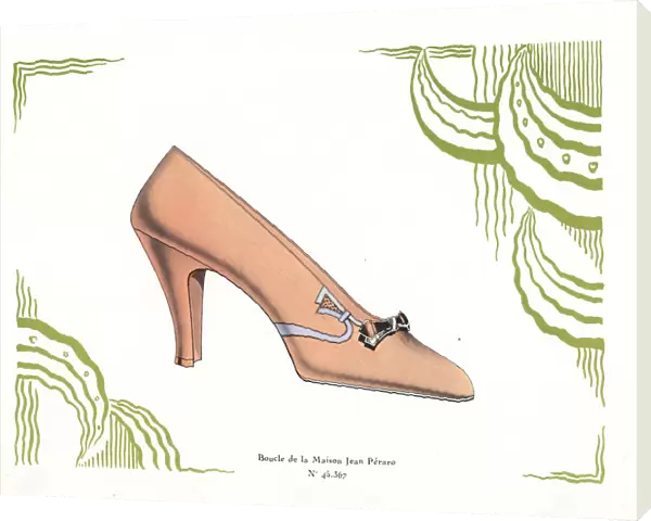 Womans shoe design in salmon pink leather with buckle, 1930