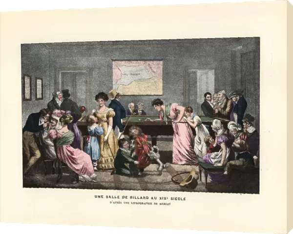 Men and women playing pool in a billiards room, 19th century